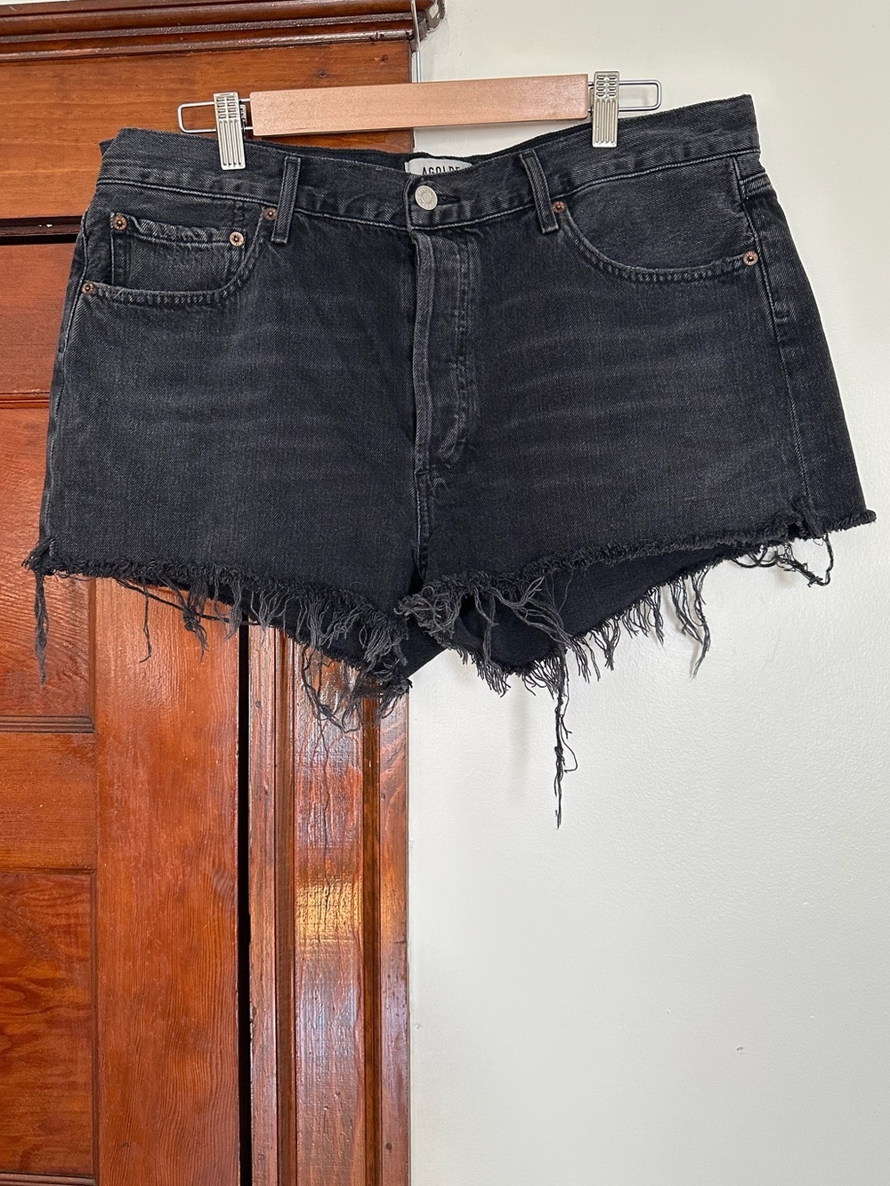 AGOLDE Parker 5-Button Fly Shorts Sz 32 Frayed Black Distressed Denim Festival